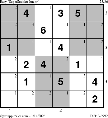The grouppuzzles.com Easy SuperSudoku-Junior puzzle for Wednesday January 14, 2026, suitable for printing, with all 3 steps marked