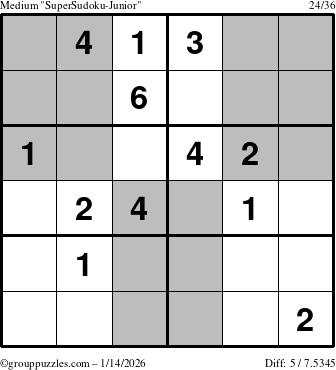 The grouppuzzles.com Medium SuperSudoku-Junior puzzle for Wednesday January 14, 2026