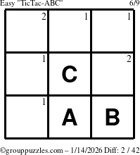 The grouppuzzles.com Easy TicTac-ABC puzzle for Wednesday January 14, 2026 with the first 2 steps marked
