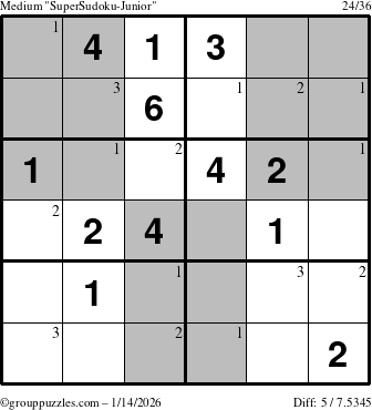 The grouppuzzles.com Medium SuperSudoku-Junior puzzle for Wednesday January 14, 2026 with the first 3 steps marked