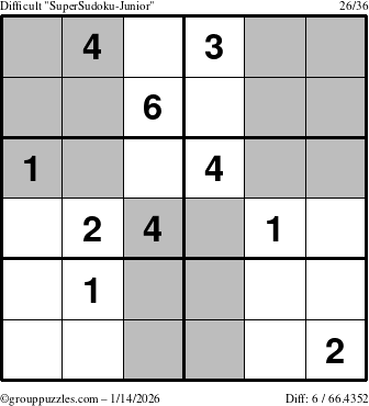 The grouppuzzles.com Difficult SuperSudoku-Junior puzzle for Wednesday January 14, 2026