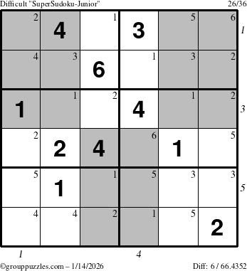 The grouppuzzles.com Difficult SuperSudoku-Junior puzzle for Wednesday January 14, 2026, suitable for printing, with all 6 steps marked