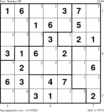 The grouppuzzles.com Easy Sudoku-7B puzzle for Wednesday January 14, 2026 with all 4 steps marked