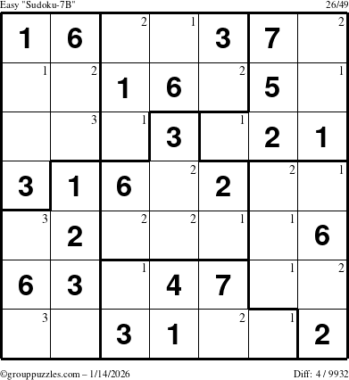 The grouppuzzles.com Easy Sudoku-7B puzzle for Wednesday January 14, 2026 with the first 3 steps marked