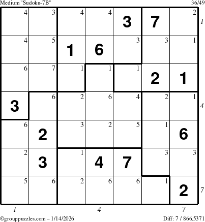 The grouppuzzles.com Medium Sudoku-7B puzzle for Wednesday January 14, 2026 with all 7 steps marked