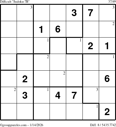 The grouppuzzles.com Difficult Sudoku-7B puzzle for Wednesday January 14, 2026 with the first 3 steps marked