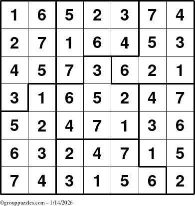 The grouppuzzles.com Answer grid for the Sudoku-7B puzzle for Wednesday January 14, 2026