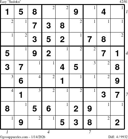 The grouppuzzles.com Easy Sudoku puzzle for Wednesday January 14, 2026 with all 4 steps marked