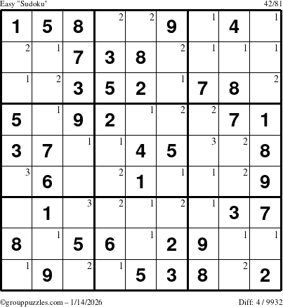 The grouppuzzles.com Easy Sudoku puzzle for Wednesday January 14, 2026 with the first 3 steps marked