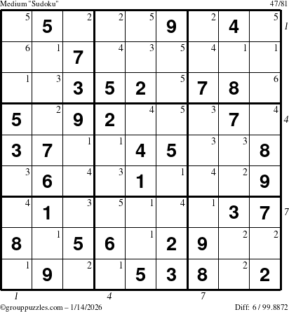 The grouppuzzles.com Medium Sudoku puzzle for Wednesday January 14, 2026, suitable for printing, with all 6 steps marked