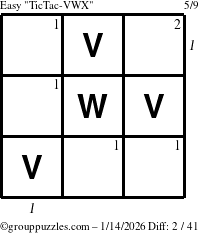 The grouppuzzles.com Easy TicTac-VWX puzzle for Wednesday January 14, 2026 with all 2 steps marked