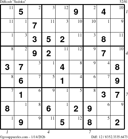 The grouppuzzles.com Difficult Sudoku puzzle for Wednesday January 14, 2026, suitable for printing, with all 12 steps marked