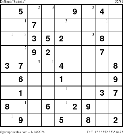 The grouppuzzles.com Difficult Sudoku puzzle for Wednesday January 14, 2026 with the first 3 steps marked