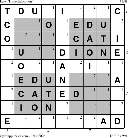 The grouppuzzles.com Easy HyperEducation-i23 puzzle for Wednesday January 14, 2026, suitable for printing, with all 3 steps marked