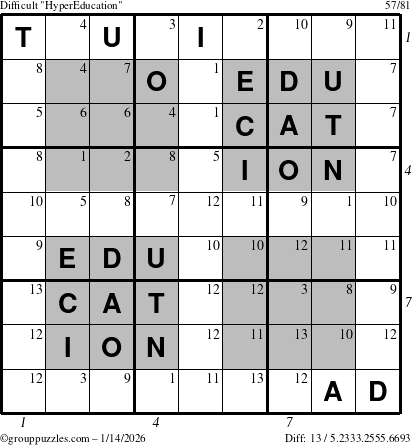 The grouppuzzles.com Difficult HyperEducation-i23 puzzle for Wednesday January 14, 2026, suitable for printing, with all 13 steps marked