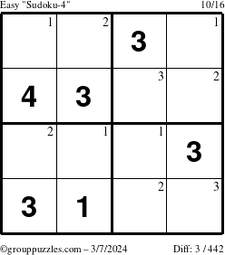 The grouppuzzles.com Easy Sudoku-4 puzzle for Thursday March 7, 2024 with the first 3 steps marked