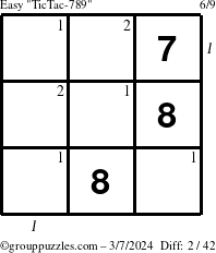 The grouppuzzles.com Easy TicTac-789 puzzle for Thursday March 7, 2024 with all 2 steps marked