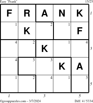 The grouppuzzles.com Easy Frank puzzle for Thursday March 7, 2024 with all 4 steps marked