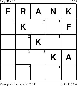 The grouppuzzles.com Easy Frank puzzle for Thursday March 7, 2024 with the first 3 steps marked