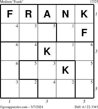 The grouppuzzles.com Medium Frank puzzle for Thursday March 7, 2024 with all 6 steps marked