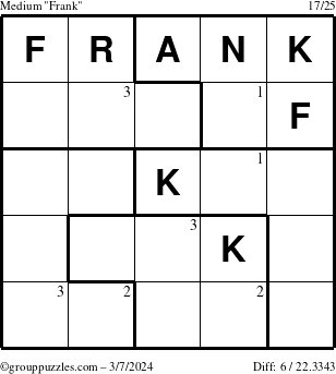 The grouppuzzles.com Medium Frank puzzle for Thursday March 7, 2024 with the first 3 steps marked