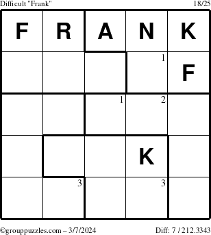 The grouppuzzles.com Difficult Frank puzzle for Thursday March 7, 2024 with the first 3 steps marked
