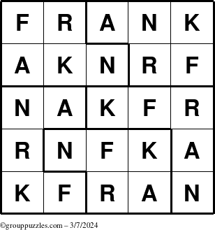 The grouppuzzles.com Answer grid for the Frank puzzle for Thursday March 7, 2024