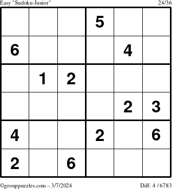 The grouppuzzles.com Easy Sudoku-Junior puzzle for Thursday March 7, 2024