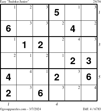 The grouppuzzles.com Easy Sudoku-Junior puzzle for Thursday March 7, 2024 with all 4 steps marked