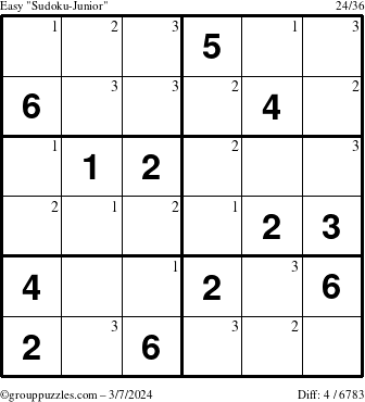 The grouppuzzles.com Easy Sudoku-Junior puzzle for Thursday March 7, 2024 with the first 3 steps marked