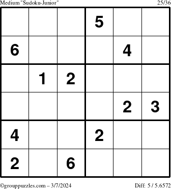 The grouppuzzles.com Medium Sudoku-Junior puzzle for Thursday March 7, 2024