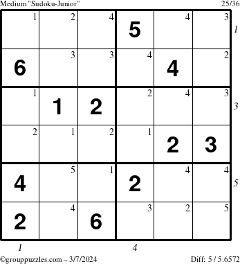 The grouppuzzles.com Medium Sudoku-Junior puzzle for Thursday March 7, 2024 with all 5 steps marked