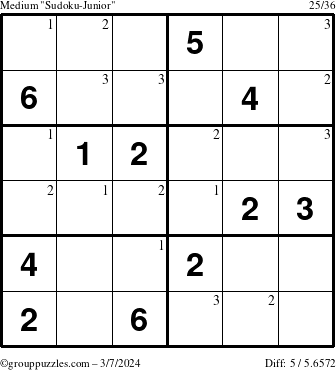 The grouppuzzles.com Medium Sudoku-Junior puzzle for Thursday March 7, 2024 with the first 3 steps marked