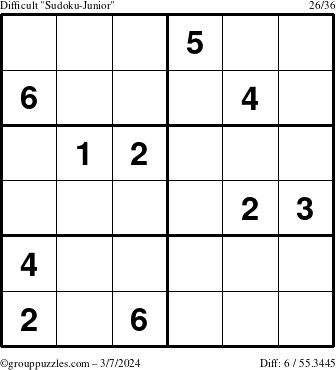 The grouppuzzles.com Difficult Sudoku-Junior puzzle for Thursday March 7, 2024