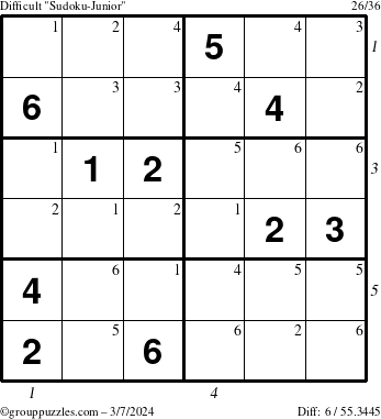 The grouppuzzles.com Difficult Sudoku-Junior puzzle for Thursday March 7, 2024 with all 6 steps marked