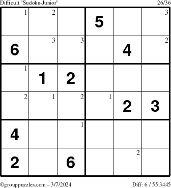 The grouppuzzles.com Difficult Sudoku-Junior puzzle for Thursday March 7, 2024 with the first 3 steps marked