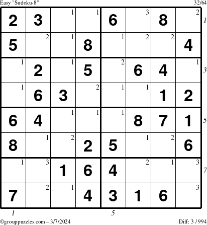 The grouppuzzles.com Easy Sudoku-8 puzzle for Thursday March 7, 2024 with all 3 steps marked