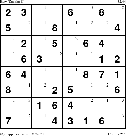 The grouppuzzles.com Easy Sudoku-8 puzzle for Thursday March 7, 2024 with the first 3 steps marked