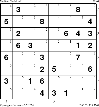 The grouppuzzles.com Medium Sudoku-8 puzzle for Thursday March 7, 2024 with all 7 steps marked