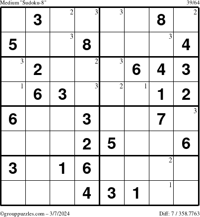 The grouppuzzles.com Medium Sudoku-8 puzzle for Thursday March 7, 2024 with the first 3 steps marked