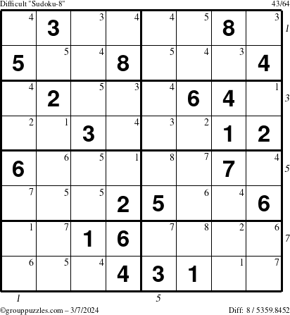 The grouppuzzles.com Difficult Sudoku-8 puzzle for Thursday March 7, 2024 with all 8 steps marked