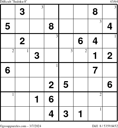 The grouppuzzles.com Difficult Sudoku-8 puzzle for Thursday March 7, 2024 with the first 3 steps marked