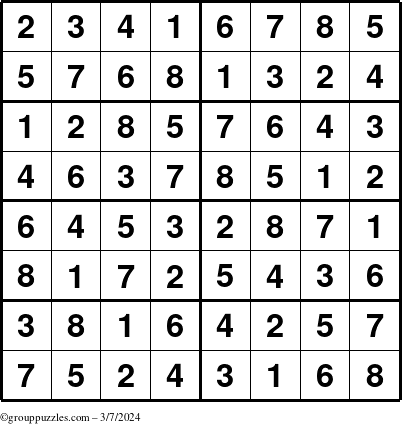 The grouppuzzles.com Answer grid for the Sudoku-8 puzzle for Thursday March 7, 2024