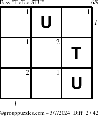 The grouppuzzles.com Easy TicTac-STU puzzle for Thursday March 7, 2024 with all 2 steps marked