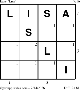 The grouppuzzles.com Easy Lisa puzzle for Tuesday July 14, 2026, suitable for printing, with all 2 steps marked