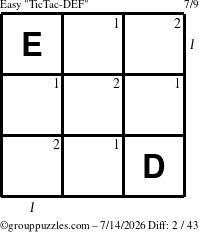The grouppuzzles.com Easy TicTac-DEF puzzle for Tuesday July 14, 2026 with all 2 steps marked