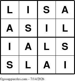 The grouppuzzles.com Answer grid for the Lisa puzzle for Tuesday July 14, 2026