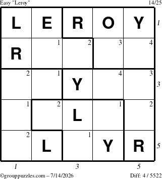The grouppuzzles.com Easy Leroy puzzle for Tuesday July 14, 2026 with all 4 steps marked