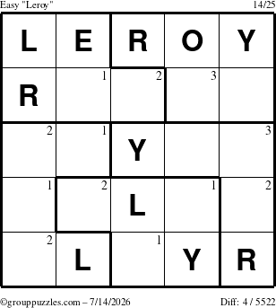 The grouppuzzles.com Easy Leroy puzzle for Tuesday July 14, 2026 with the first 3 steps marked
