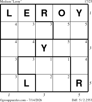 The grouppuzzles.com Medium Leroy puzzle for Tuesday July 14, 2026 with all 5 steps marked